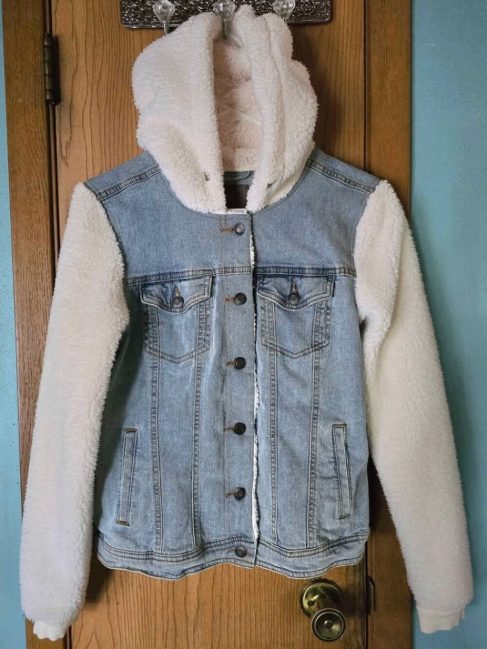 Size S Maurices Denim Jean Jacket with White Sherpa Hood and Sleeves